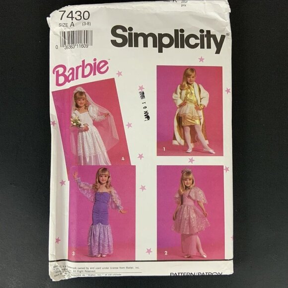 Simplicity 7430 Little Girls Barbie Costumes Size 3-8 Sewing Pattern UNCUT - Picture 1 of 3